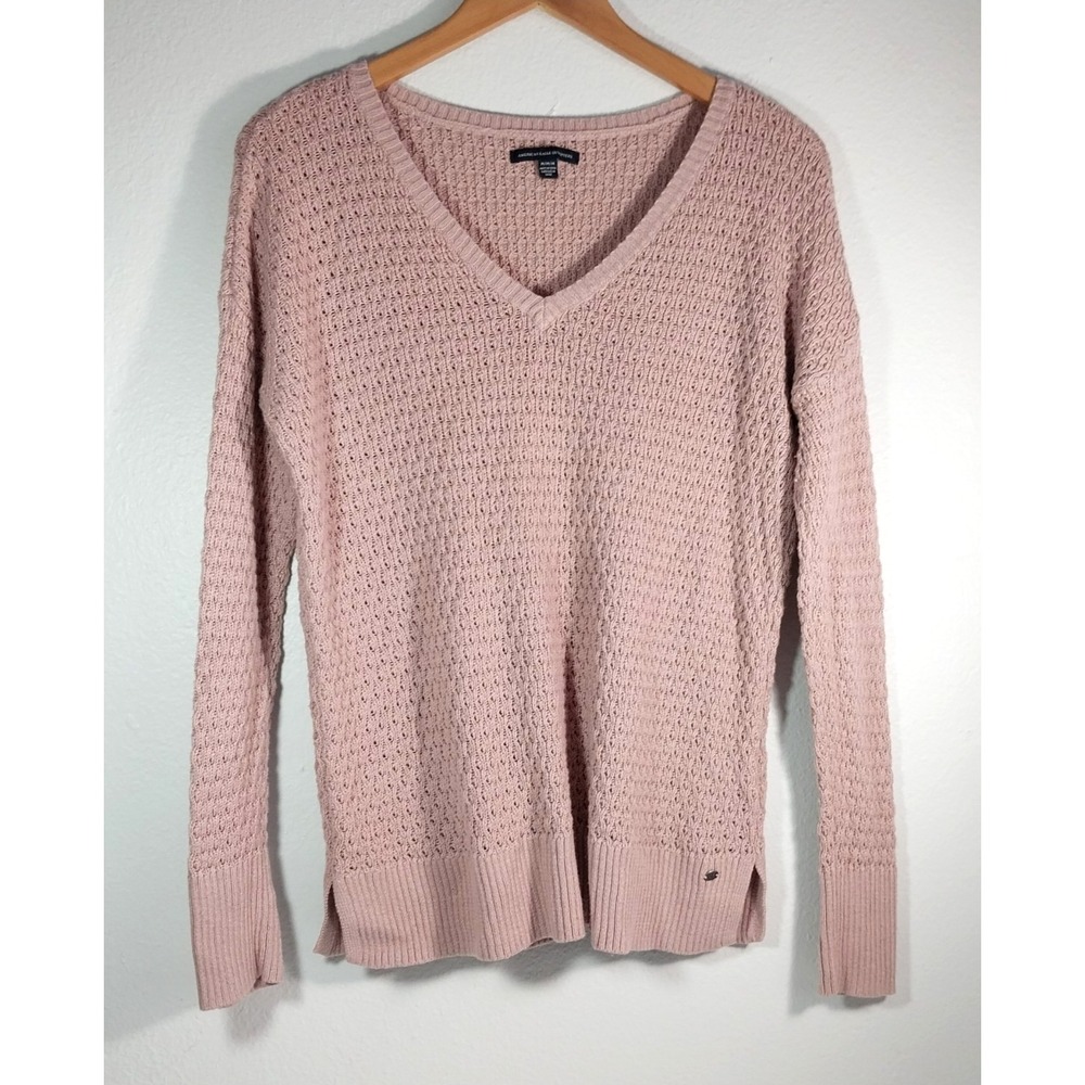 American Eagle Sweater Women's M Pullover L/S Blush Rose Pink Crochet Open Knit